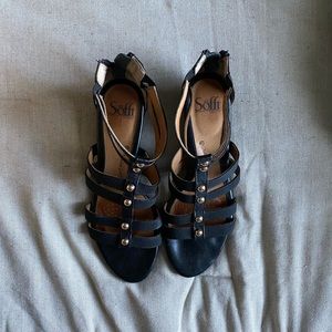 Sofft low wedge black sandals, size 9.